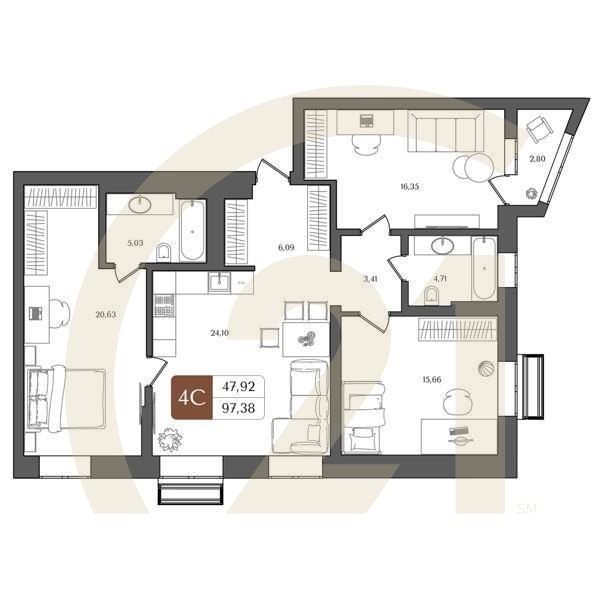 4-комн, 97.38 м², 4-11 этаж