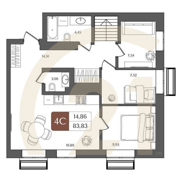 4-комн, 83.83 м², 21 этаж