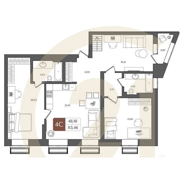 4-комн, 113.46 м², 12 этаж