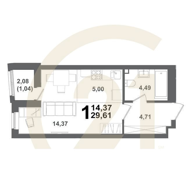 1-комн, 29.61 м², 2 этаж