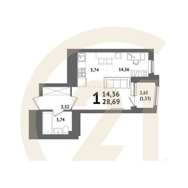 1-комн, 28.69 м², 13-21 этаж