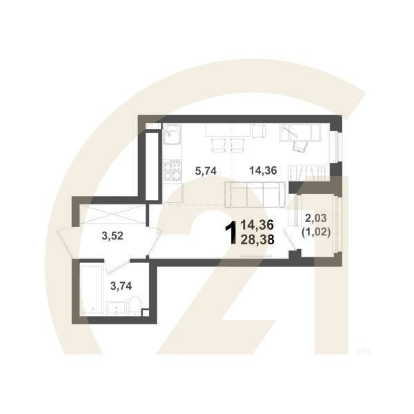 1-комн, 28.38 м², 15-17 этаж