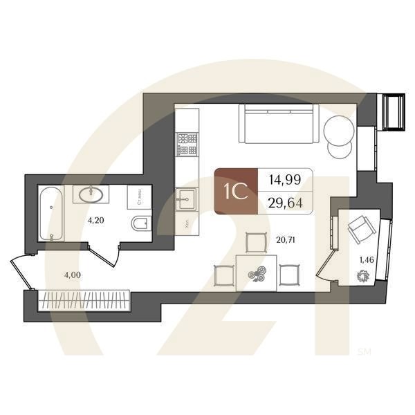1-комн, 29.64 м², 2-21 этаж