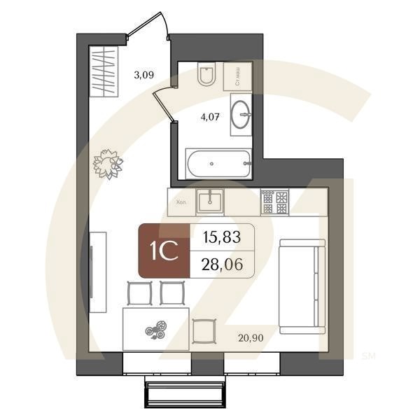 1-комн, 28.06 м², 3-20 этаж
