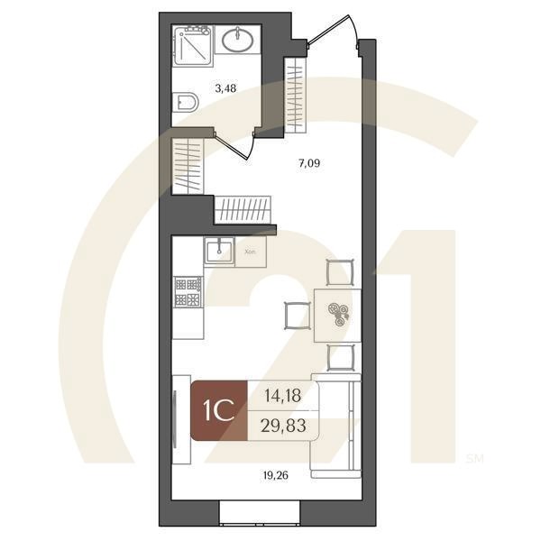 1-комн, 29.83 м², 2 этаж