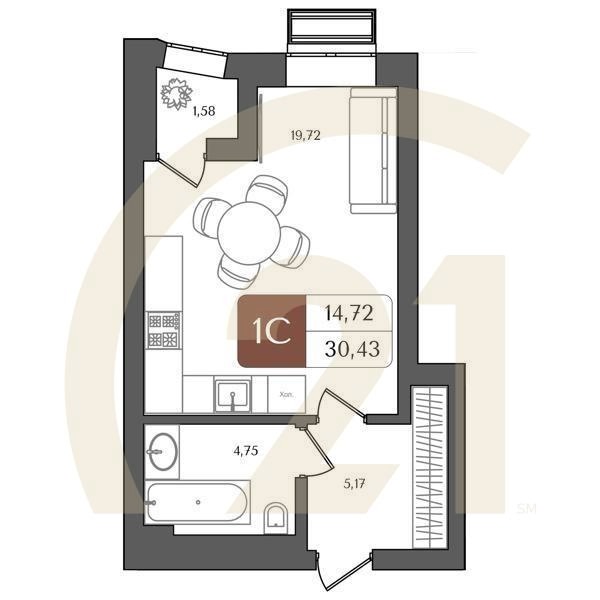 1-комн, 30.43 м², 3 этаж