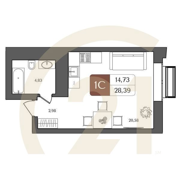 1-комн, 28.39 м², 4-21 этаж