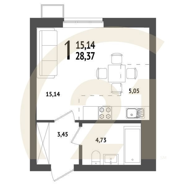 1-комн, 28.37 м², 13-25 этаж