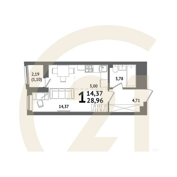 1-комн, 28.96 м², 11-21 этаж