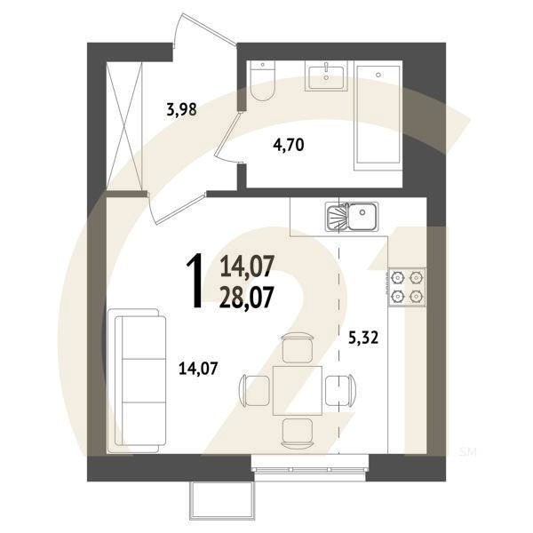 1-комн, 28.07 м², 14-25 этаж