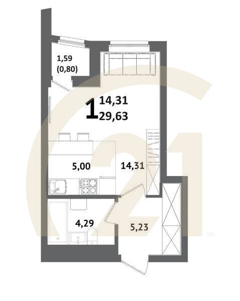 1-комн, 29.63 м², 11-12 этаж