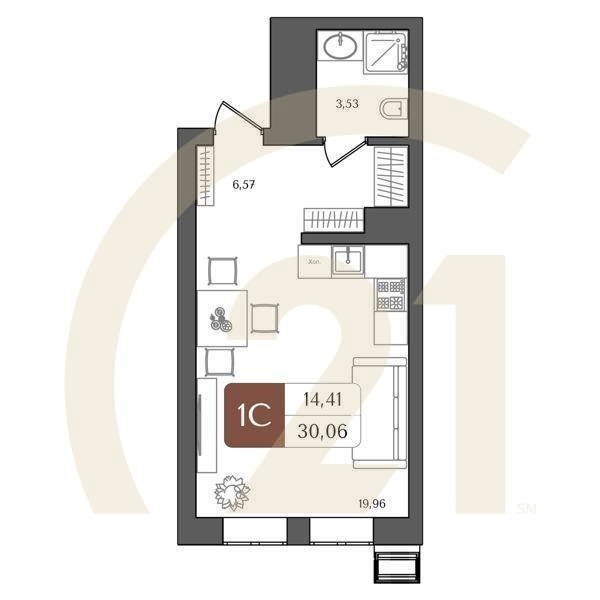 1-комн, 30.06 м², 3-20 этаж