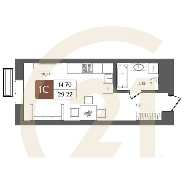 1-комн, 29.22 м², 4-21 этаж