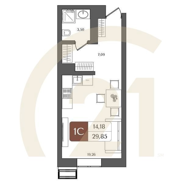 1-комн, 29.85 м², 4-21 этаж