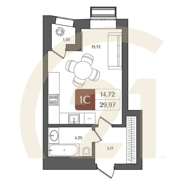 1-комн, 29.97 м², 7-12 этаж