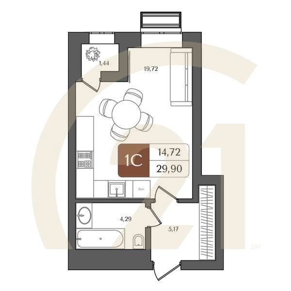 1-комн, 29.9 м², 4-10 этаж