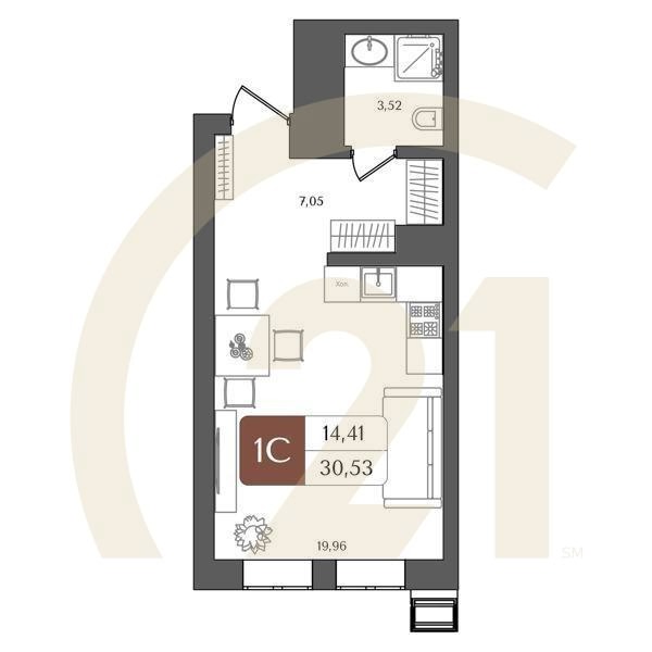 1-комн, 30.53 м², 21 этаж