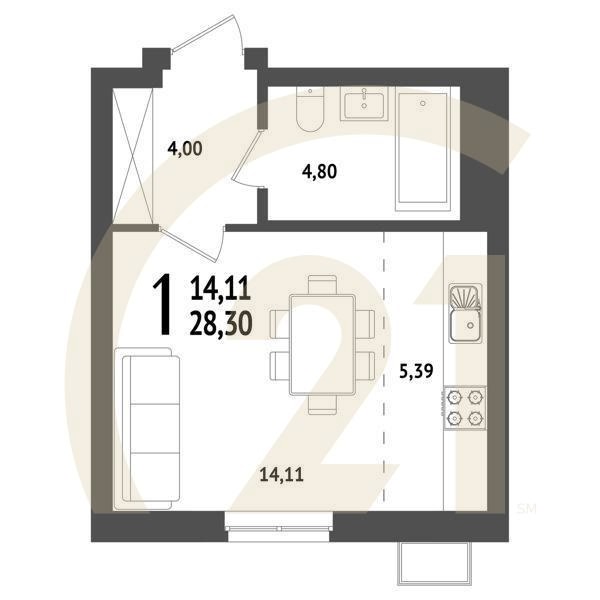 1-комн, 28.3 м², 14-25 этаж