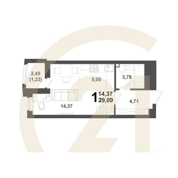 1-комн, 29.09 м², 14-17 этаж