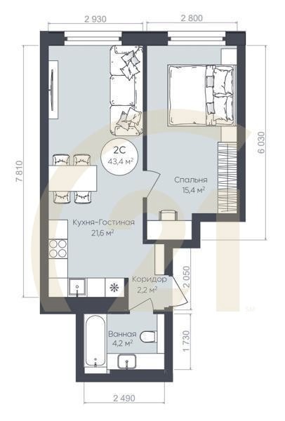 2-комн, 43.4 м², 10-23 этаж