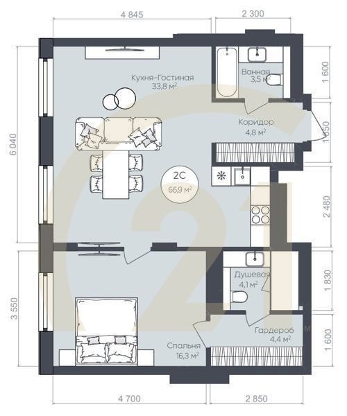 2-комн, 66.9 м², 25 этаж