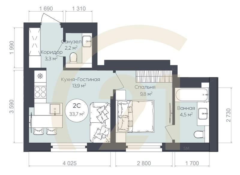 2-комн, 33.7 м², 16-24 этаж