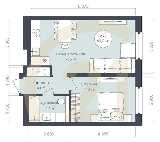 2-комн, 44 м², 1-24 этаж