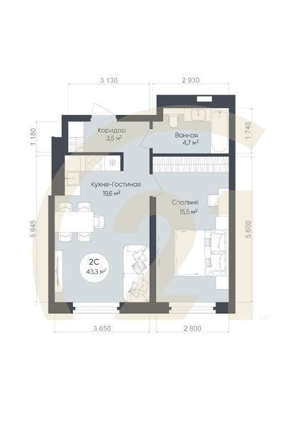 2-комн, 43.3 м², 1 этаж