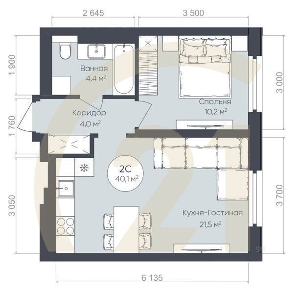 2-комн, 40.1 м², 14-24 этаж