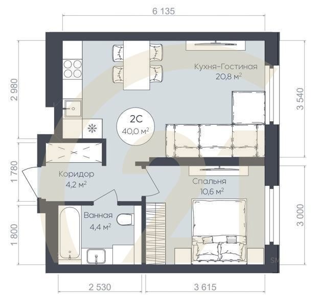 2-комн, 40 м², 14-24 этаж