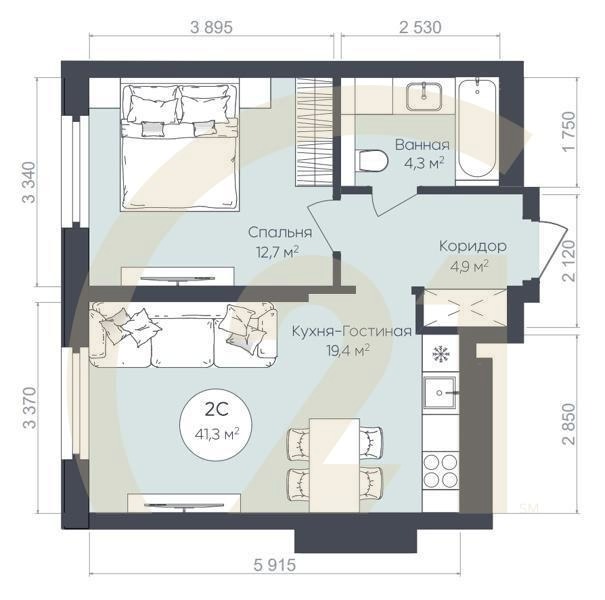 2-комн, 41.3 м², 16-24 этаж