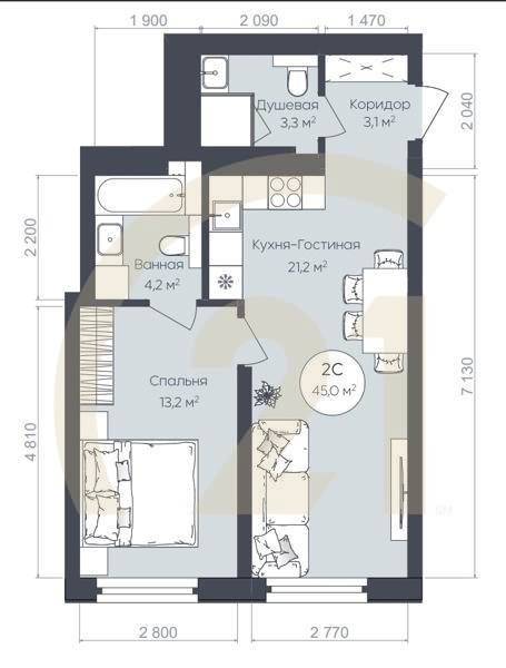 2-комн, 45 м², 12-24 этаж
