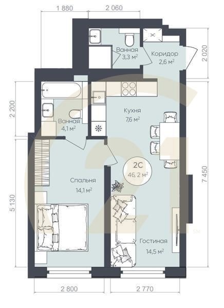 2-комн, 46.2 м², 2-24 этаж