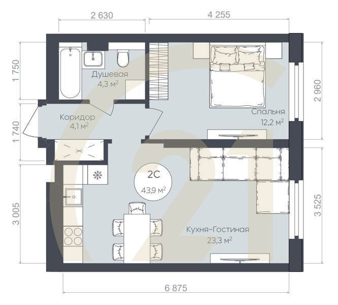 2-комн, 43.9 м², 1 этаж