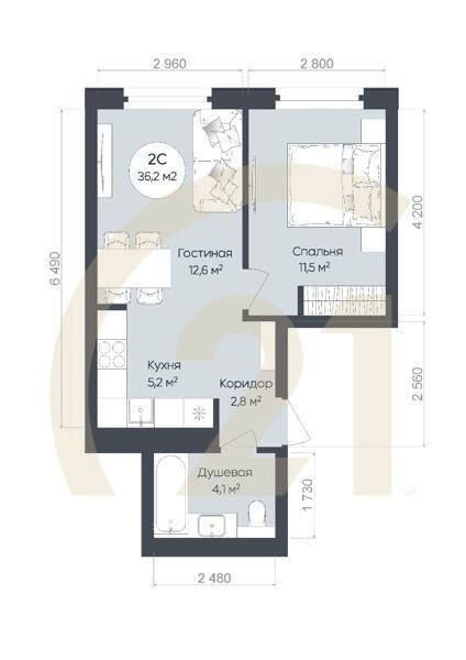 2-комн, 36.2 м², 15-24 этаж