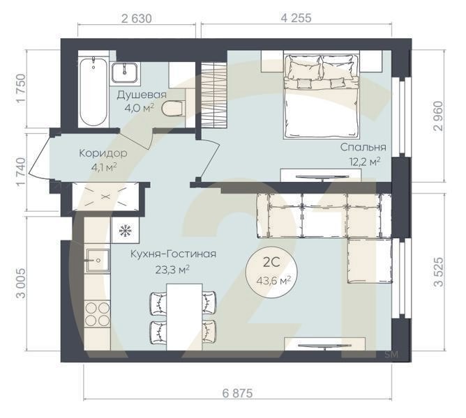2-комн, 43.6 м², 13-24 этаж
