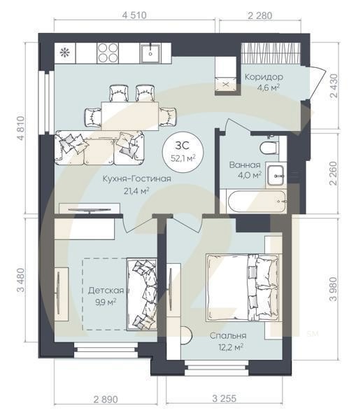 3-комн, 52.1 м², 1-23 этаж