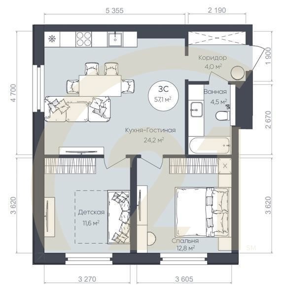 3-комн, 57.1 м², 14-24 этаж