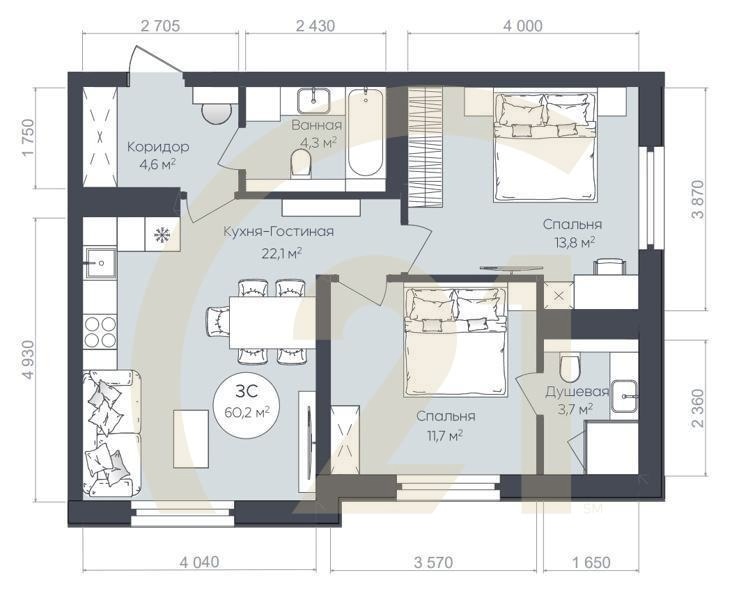 3-комн, 60.2 м², 19-22 этаж