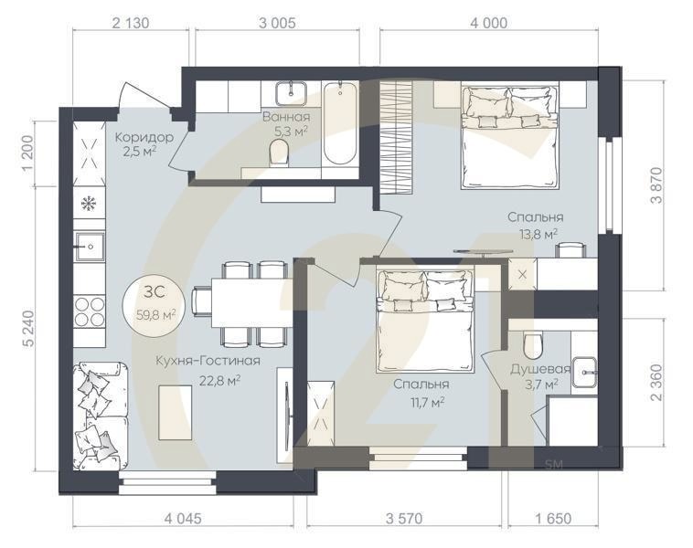3-комн, 59.8 м², 1 этаж
