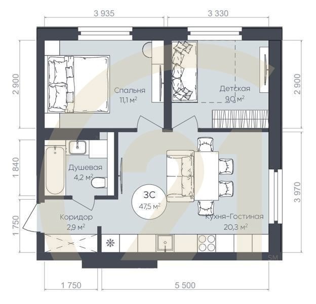 3-комн, 47.5 м², 14-24 этаж