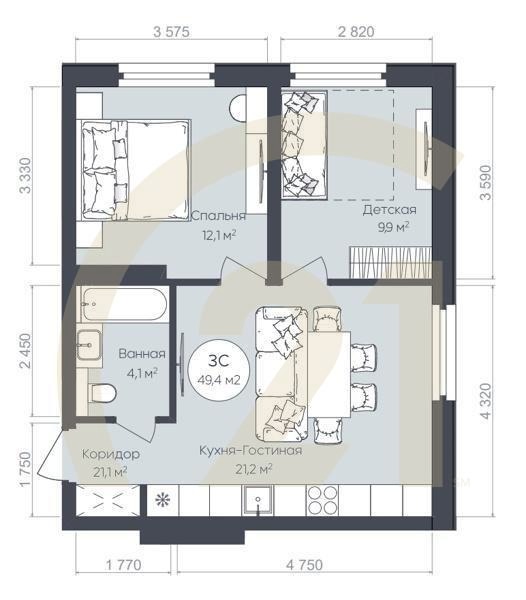3-комн, 49.4 м², 13-24 этаж