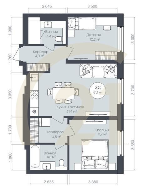3-комн, 61.1 м², 25 этаж