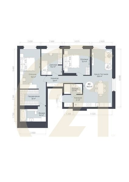 4-комн, 94.3 м², 25 этаж