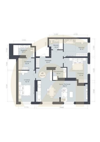 4-комн, 105.7 м², 25 этаж