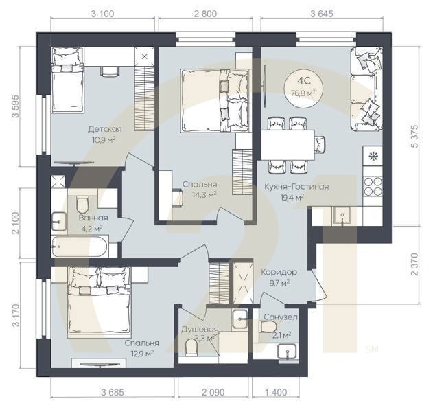 4-комн, 76.8 м², 12-24 этаж