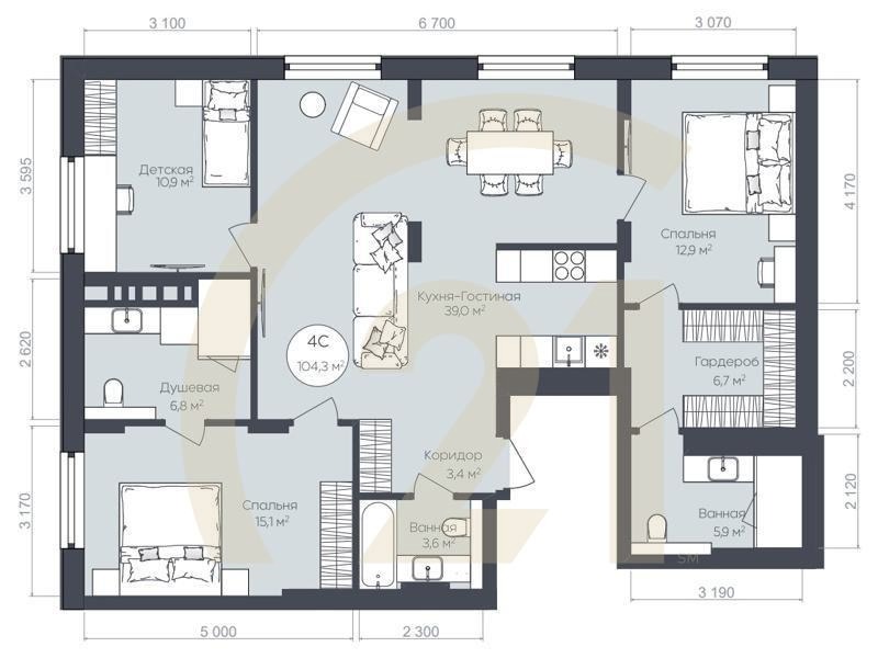 4-комн, 104.3 м², 25 этаж