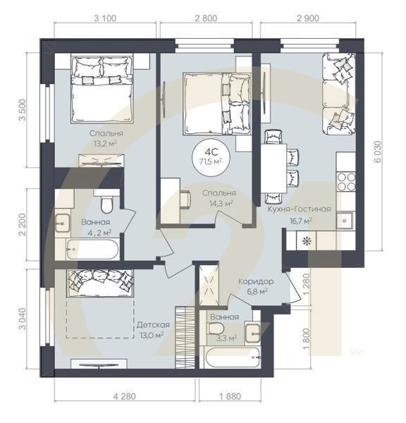 4-комн, 71.5 м², 14-24 этаж