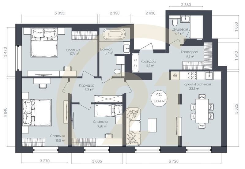 4-комн, 103.4 м², 25 этаж