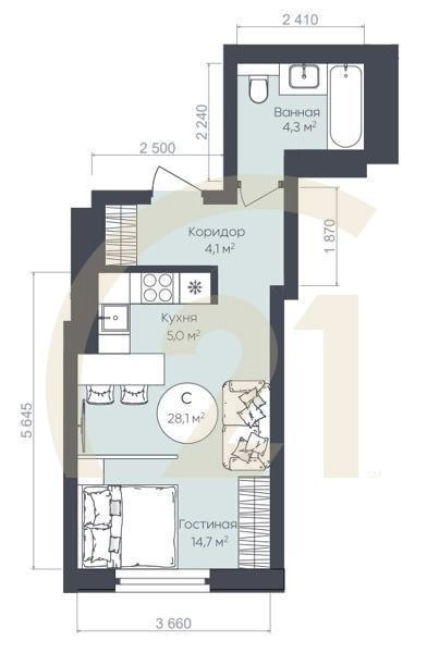 Студия, 28.1 м², 18-24 этаж